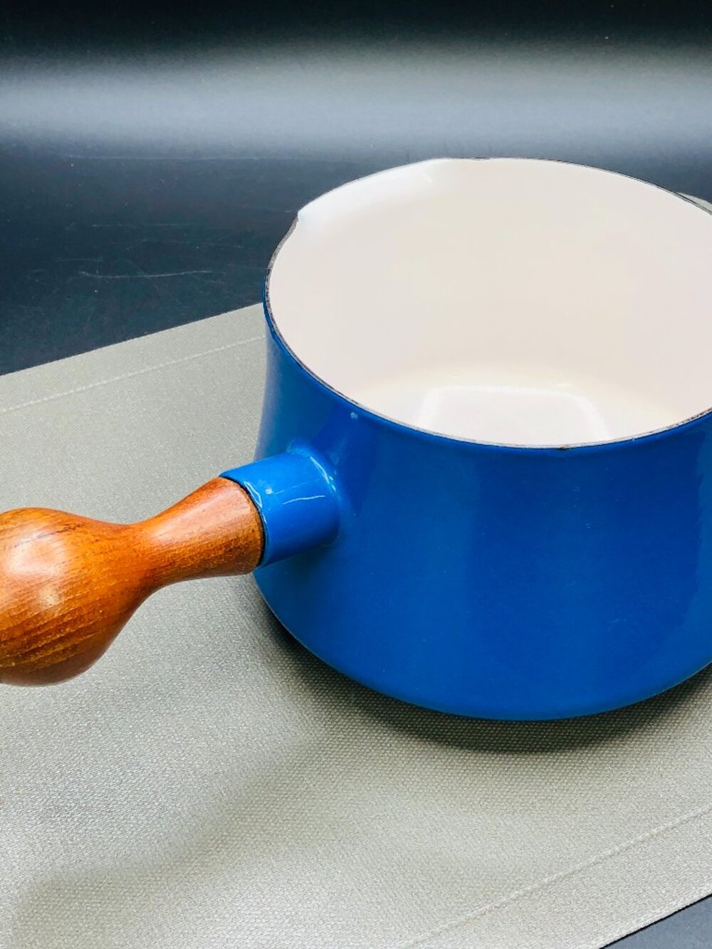 Vintage DANSK France Blue Enamel Butter Warmer Pot Teak Wood Handle: KOBENSTYLE